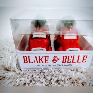 Blake & Belle Set Of 2 Red Truck Christmas Tree Salt & Pepper Shakers, NIB